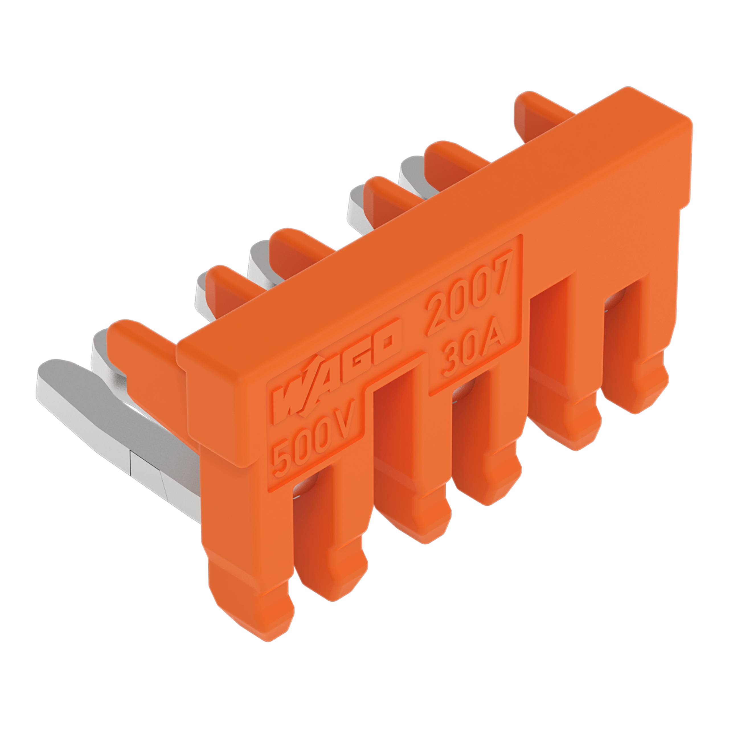 Ein orangefarbener Elektrostecker-Block mit der Aufschrift „500V 2007 30A