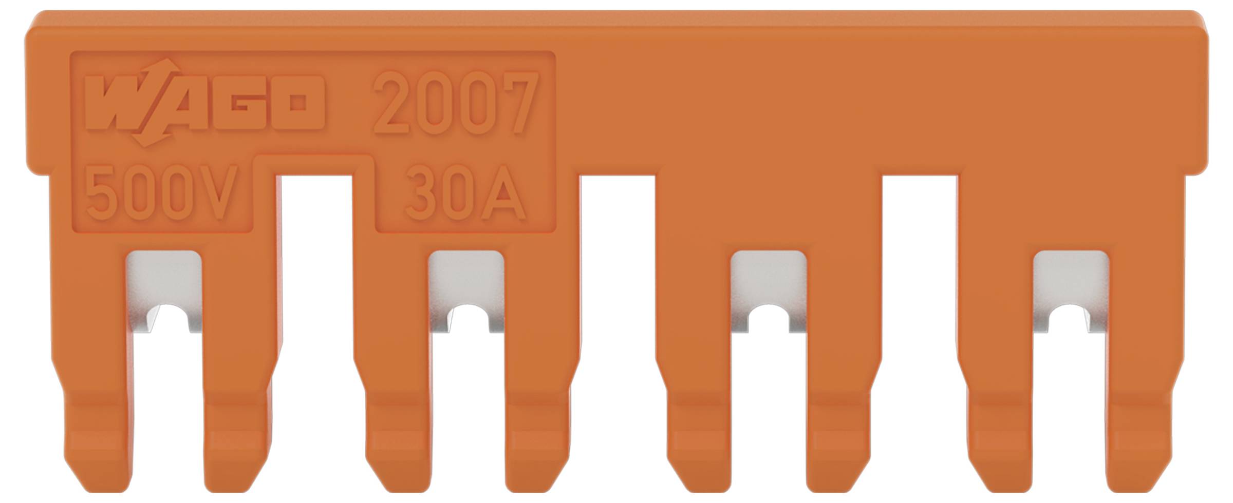 Ein orange farbiger Steckverbinder mit der Bezeichnung „WAGO 2007", ausgelegt für 500V und 30A, mit fünf Anschlussöffnungen für Schaltkreisverbindungen.