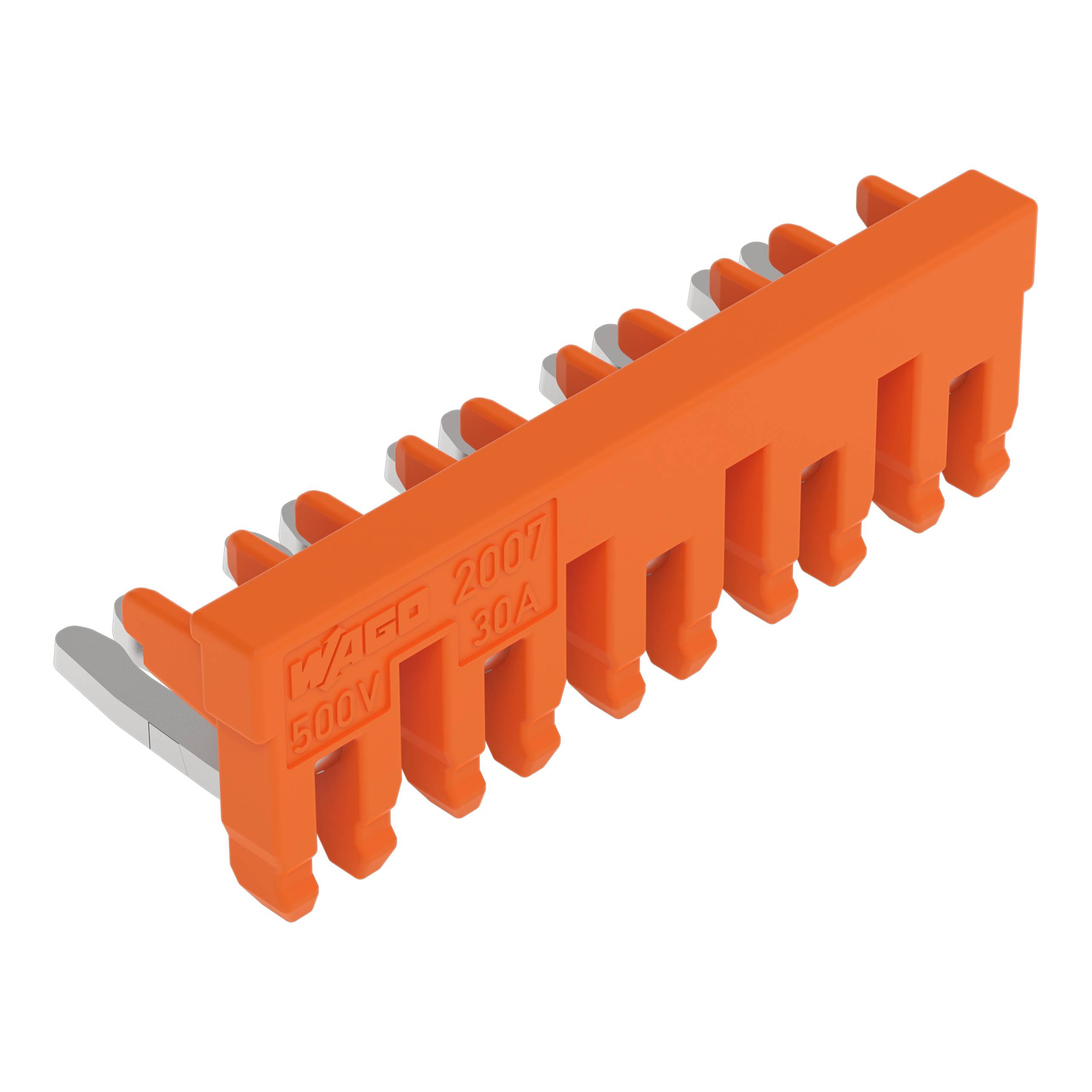'WAGO 2007 30A 500V' oranges Anschlussklemmblock mit mehreren Schlitzen, entwickelt für elektrische Verdrahtung und Schaltverbindungen.