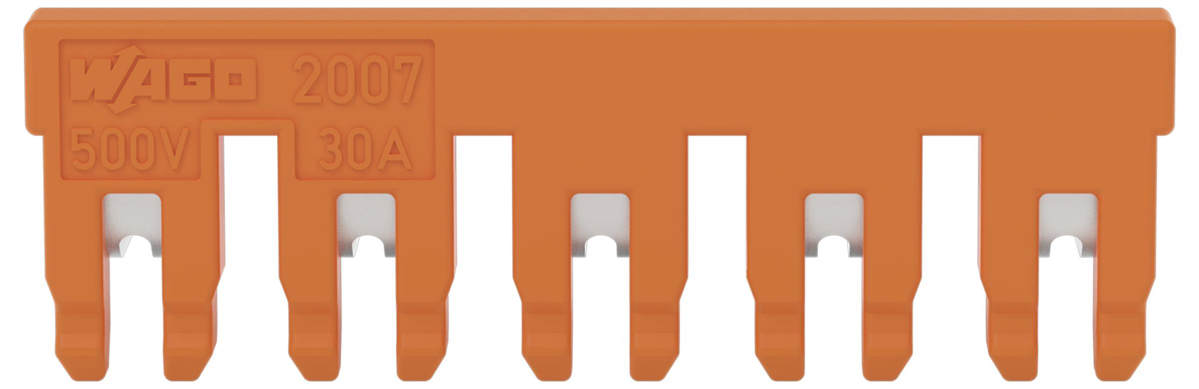 Ein orangefarbiger Elektrostecker mit der Bezeichnung „WAGO 2007 500V 30A", konzipiert für den Einsatz in Schaltkreisen bis 500 Volt und 30 Ampere mit acht Kontaktstellen.