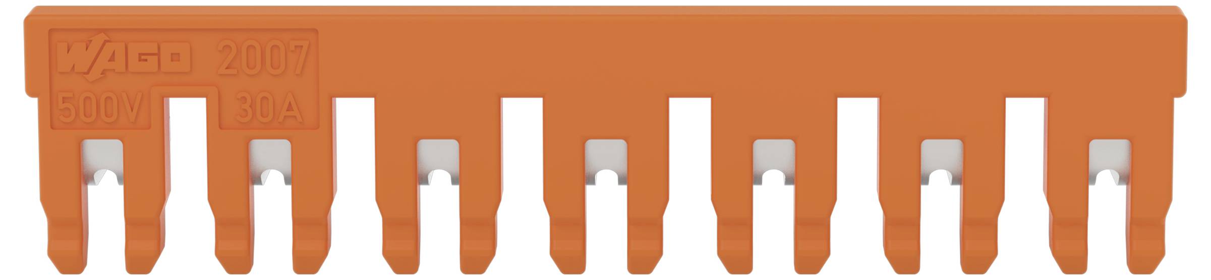 WAGO 2007' orange, 10-poliger Steckbrückenriegel für 15-10 AWG-Draht, 10A Strombelastbarkeit, wird zum Verbinden mehrerer Anschlüsse in der Elektrotechnik verwendet.