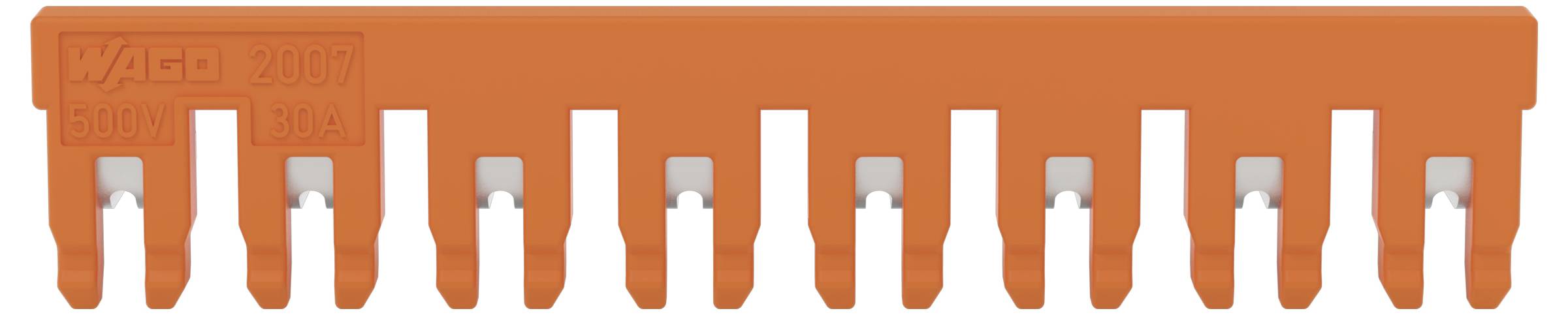 Eine orangefarbene Wago-Verbindungsschiene mit zehn Metallanschlüssen darunter, die für elektrische Installationen verwendet wird.