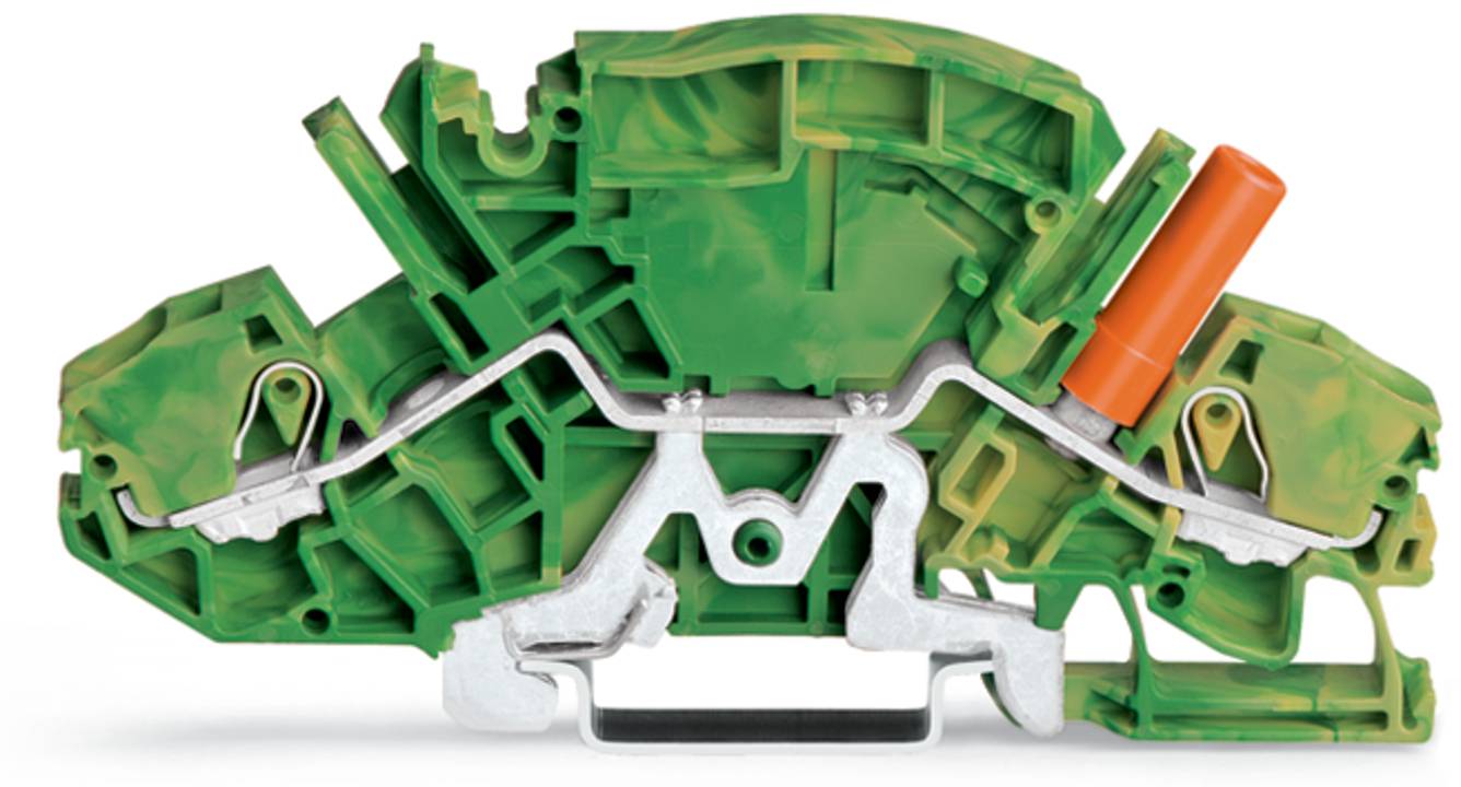 Ein grünes und orangefarbenes Klemmleistenmodul mit einem Metallleiterstreifen, das in elektrischen Systemen zum sicheren Verbinden von Drähten verwendet wird.