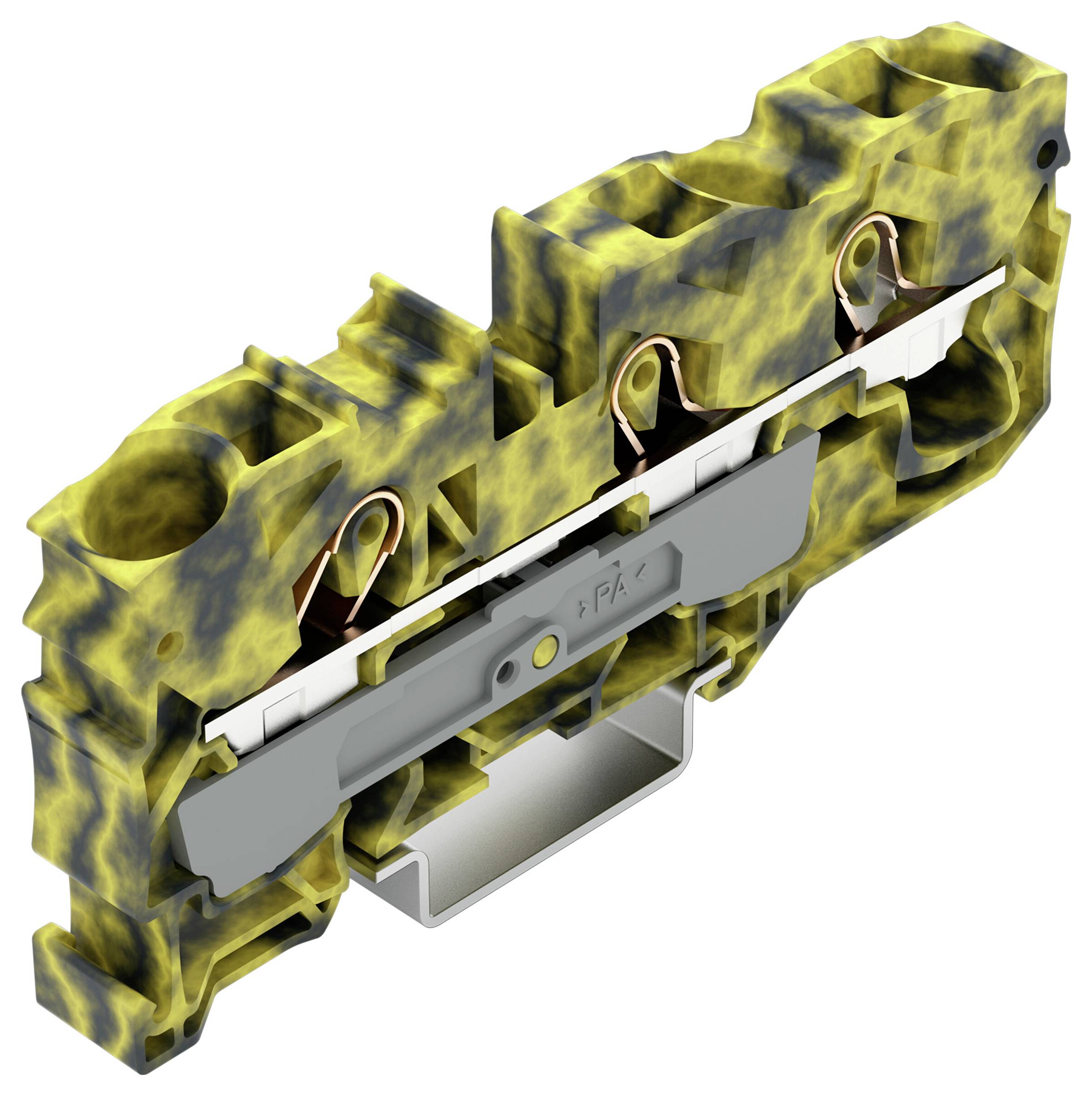 Eine Nahaufnahme eines Klemmleistenblocks in gelb-schwarzem Design, der seine internen Kupferverbinder und einen grauen Spannmechanismus zeigt.