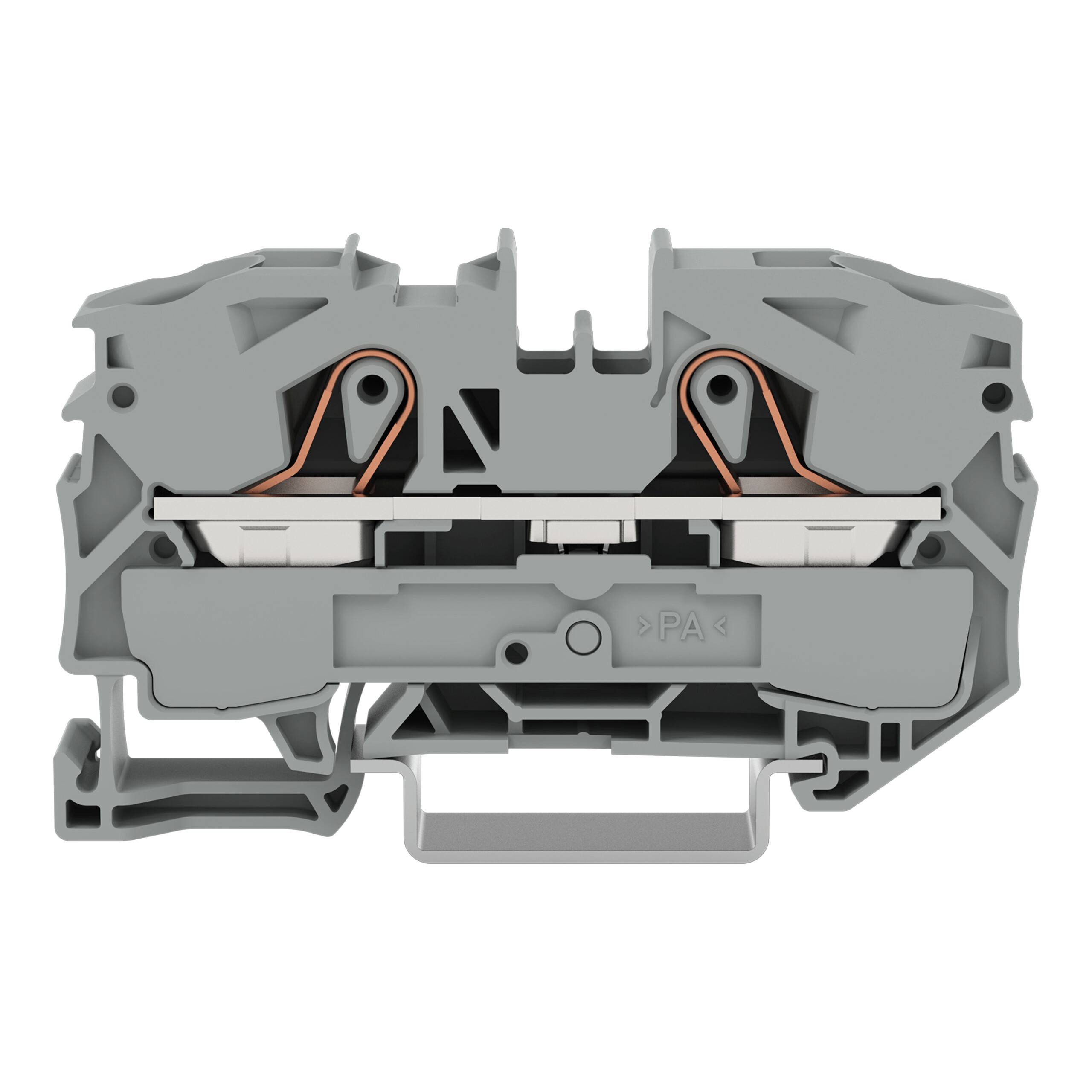 Ein grauer Elektrostecker mit sichtbaren internen Kupferkomponenten, entwickelt zum Sichern von Drähten in elektrischen Installationen.