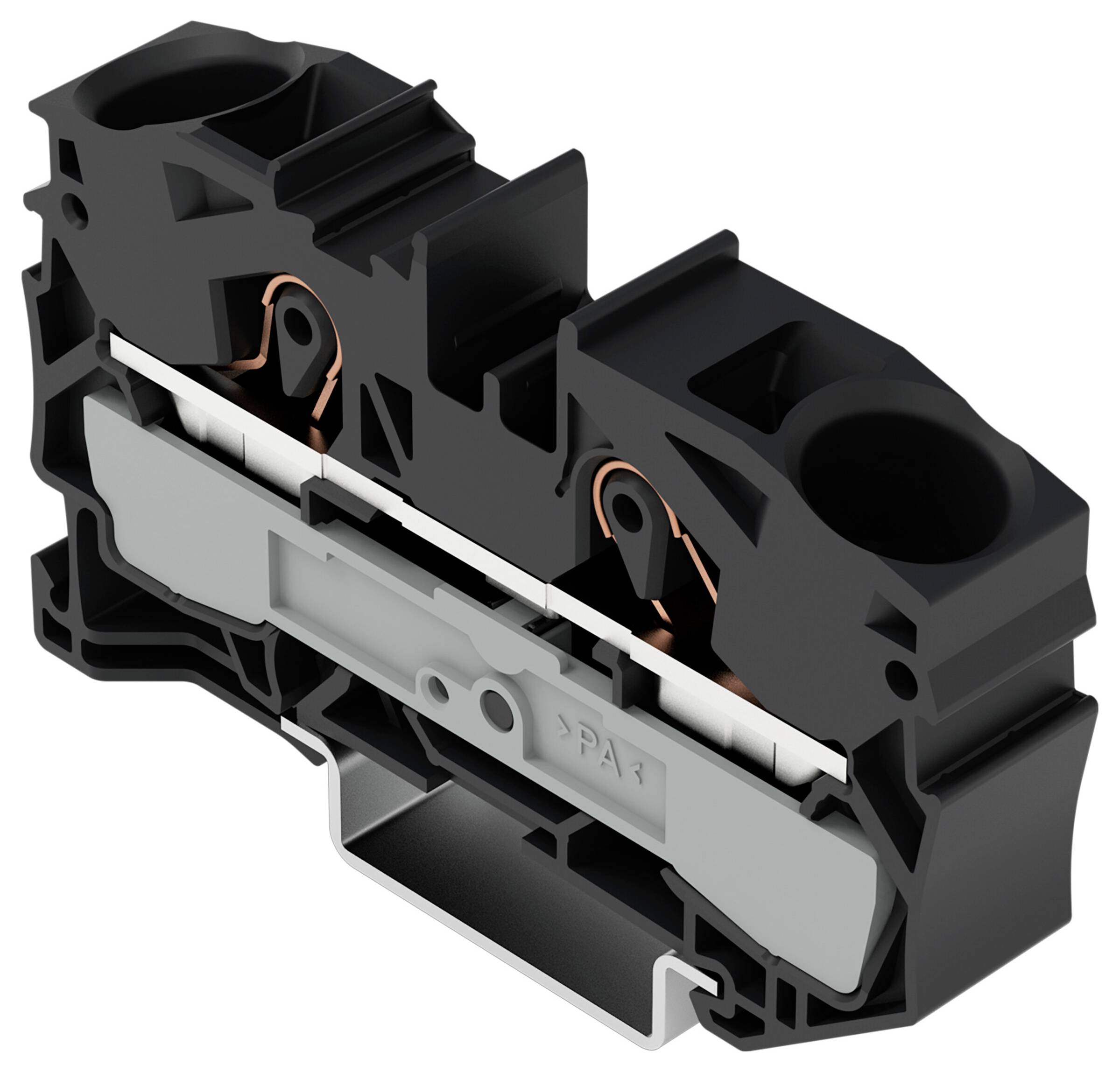 Ein 3D-Modell eines schwarzen Klemmblocks, das interne Kupferverbinder und ein Kunststoffgehäuse zeigt, das in elektrischen Verkabelungssystemen verwendet wird.