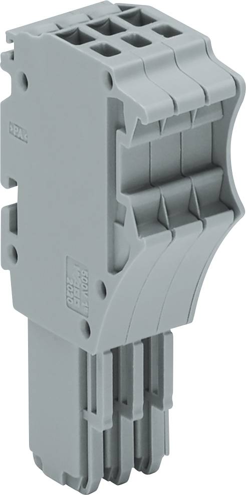 Ein grauer Kunststoff-Elektrostecker mit mehreren Schlitzen und einem Griff, der zum Verbinden von Drähten in elektrischen Anwendungen verwendet wird.