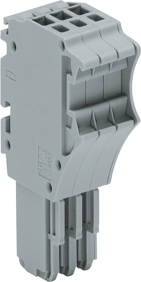 Ein grauer, rechteckiger Kunststoff-Elektrostecker mit mehreren Schlitzen und robustem Design, der für industrielle Anwendungen verwendet wird.