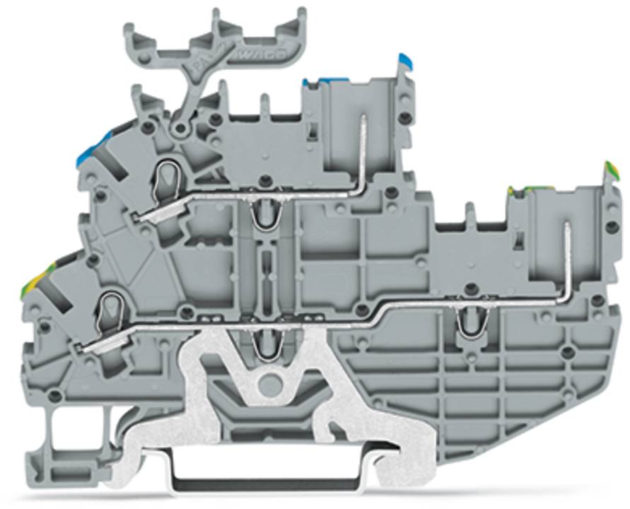 Ein grauer, kunststoffgebundener Elektroklemmblock mit sichtbaren Metallkomponenten, konzipiert für industrielle Verdrahtung und Kabelverbindungen.