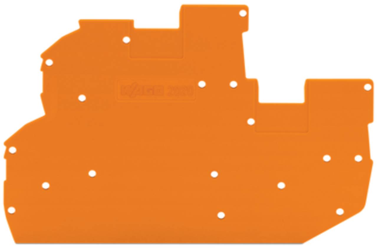 Eine orangefarbene Kunststoffkomponente mit mehreren Löchern, möglicherweise eine Halterung oder Schutzabdeckung für Maschinen oder elektronische Geräte.