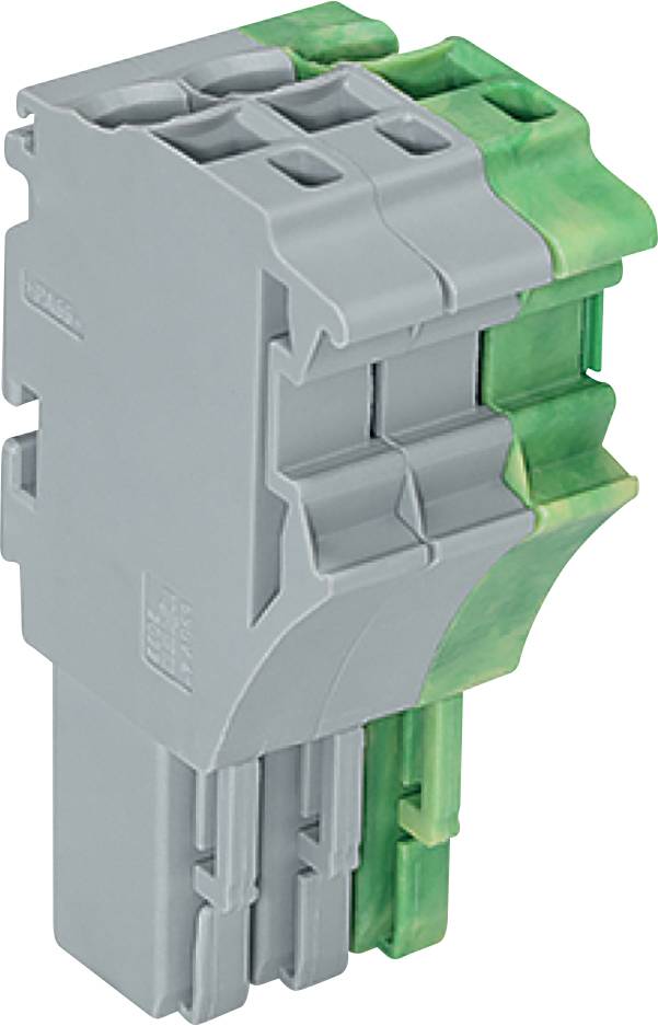Ein grauer und grüner elektrischer Stecker mit mehreren Schlitzen und Nuten, entwickelt zum Sichern und Organisieren von Drähten in einer elektrischen Installation.