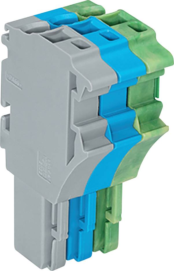 Ein modulares, mehrfarbiges elektronisches Bauteil mit ineinandergreifenden Teilen in Grau, Blau und Grün, das für die Systemmontage konzipiert ist.