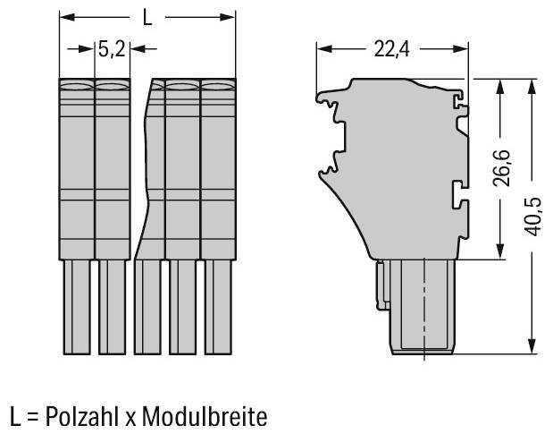 Einzelklemmen und Klemmleisten mit Rastfüßen – Diagramm zeigt Abmessungen von Anschlussklemmblöcken mit Rastfüßen. Die Messungen umfassen Höhe, Breite und Abstände.