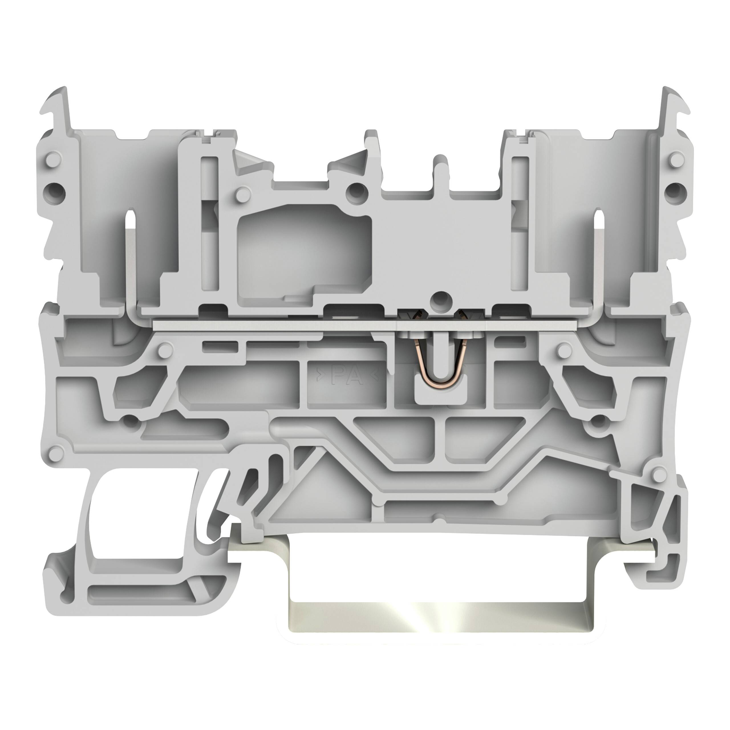 Eine detaillierte Nahaufnahme einer komplexen, hellgrauen Kunststoff- oder Metallkomponente mit ineinandergreifenden Teilen, die ein Engineering- oder Montagedesign zeigt.