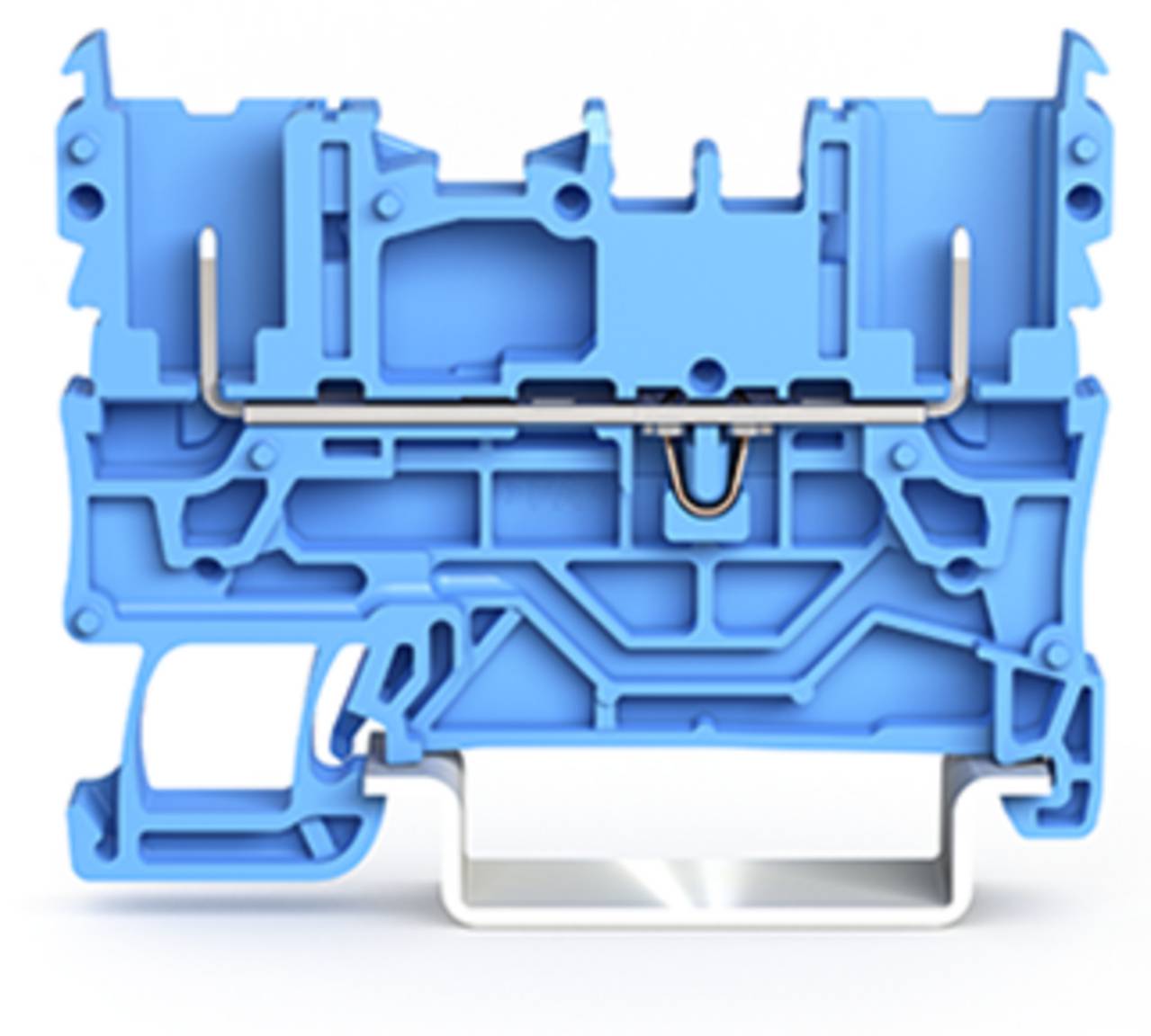 Ein blauer modularer Klemmblock mit Metallclip, der die innere Struktur und Designmerkmale zeigt. Wird für elektrische Verbindungen in Schaltschränken verwendet.
