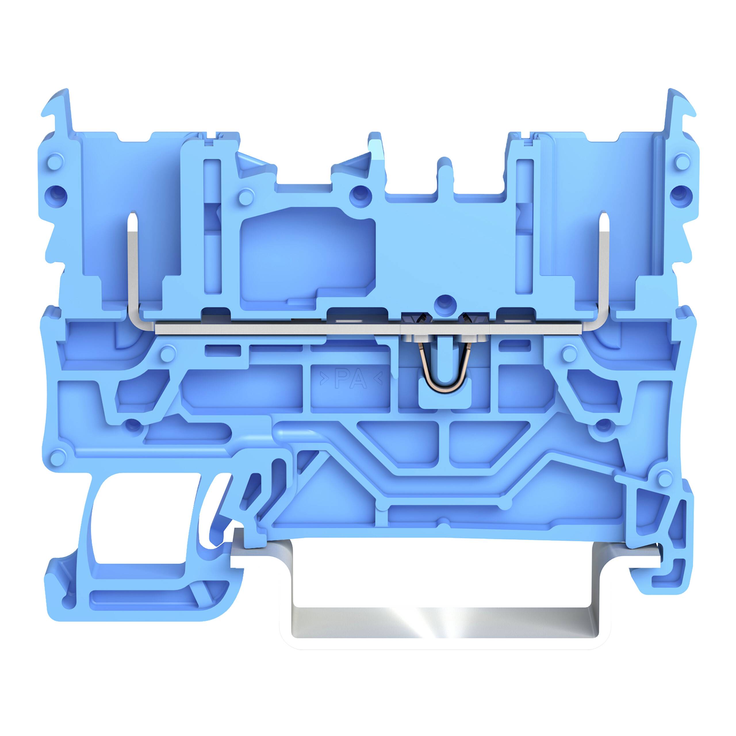 Ein blauer Kunststoff-Klemmblock mit Metallkomponenten und mehreren Anschllusspunkten, der zum Sichern und Organisieren von elektrischen Leitungen verwendet wird.