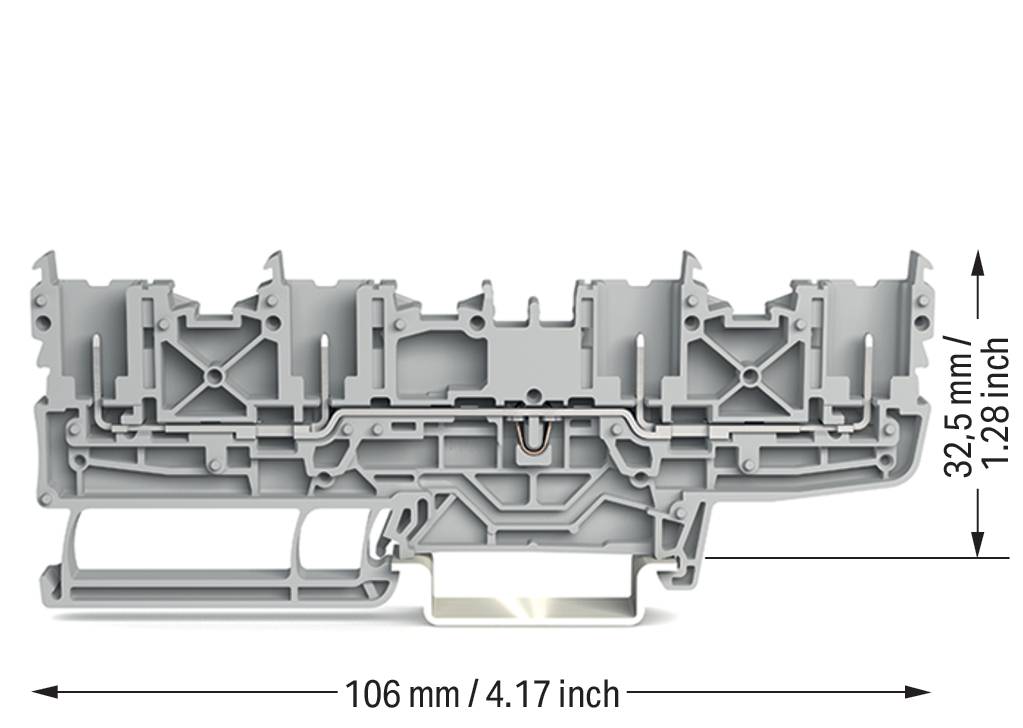 Querschnitt eines grauen Kunststoffbauteils mit den Abmessungen: 106 mm (4,17 Zoll) Breite und 32,5 mm (1,28 Zoll) Höhe.