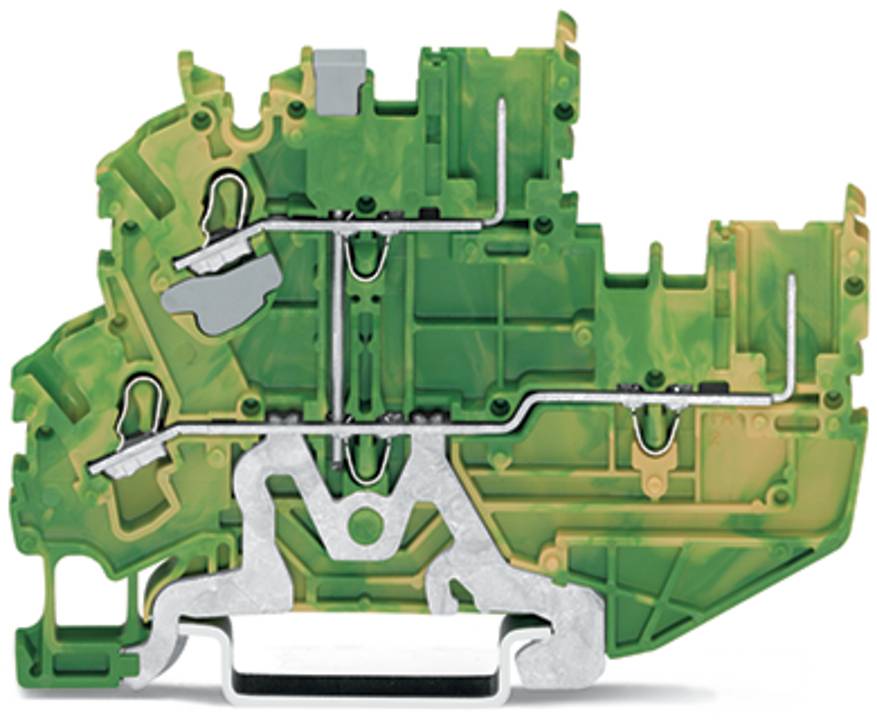 Querschnitt einer grünen Industriekomponente mit internen Kanälen und mechanischen Teilen vor weißem Hintergrund.
