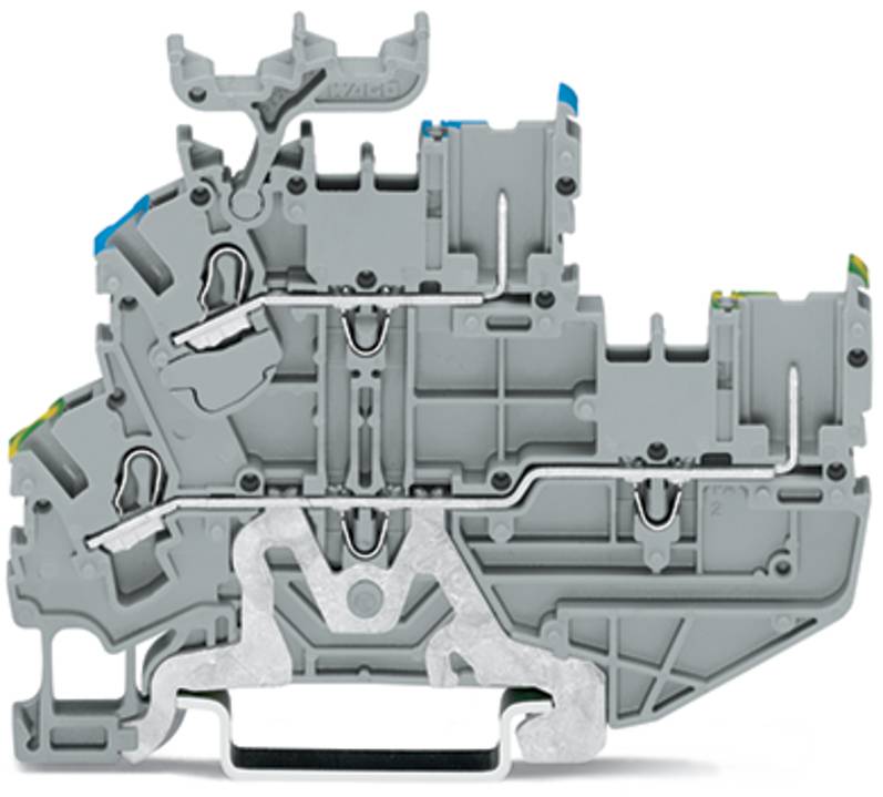 Querschnitt eines grauen Klemmsteins für Elektroinstallationen, der interne Metallverbinder und Anschlusswege für Kabelverbindungen zeigt, die in Schaltungsanordnungen verwendet werden.