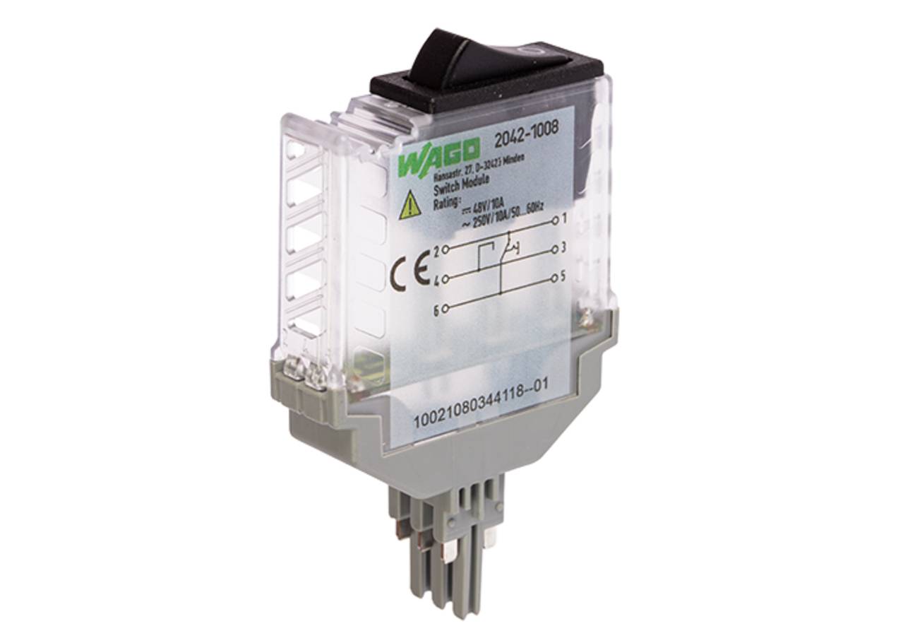 Ein WAGO 2042-1008 Schaltmodul mit EIN/AUS-Markierungen und Ein-/Ausgabeanschlüssen. Geeignet für 250V Elektroanwendungen.