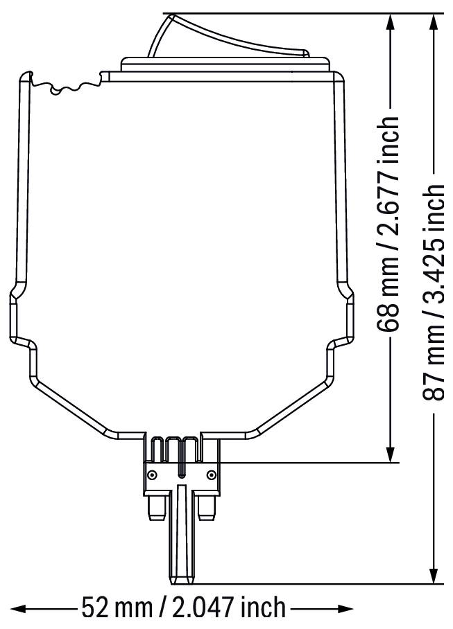 Diagramm, das eine technische Zeichnung eines Objekts mit Abmessungen zeigt: Höhe 87 mm/3.425 Zoll, Breite 52 mm/2.047 Zoll.