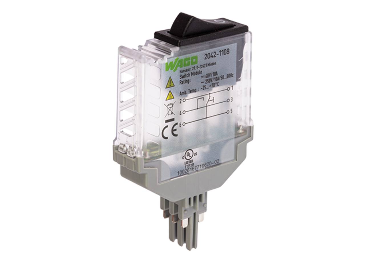 Stromrelais-Modul mit schwarzem Schalter, transparentem Gehäuse und grauer Basis. Kennzeichnungen zeigen elektrische Spezifikationen und Schaltpläne.