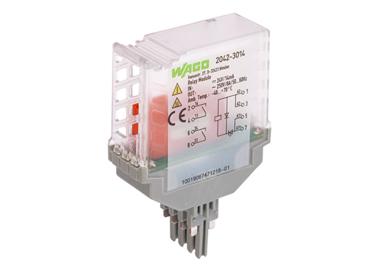Ein WAGO-Relaismodul mit Spezifikationen, die auf dem Gehäuse aufgedruckt sind und elektrische Schaltpläne sowie Sicherheitszertifizierungen zeigen.