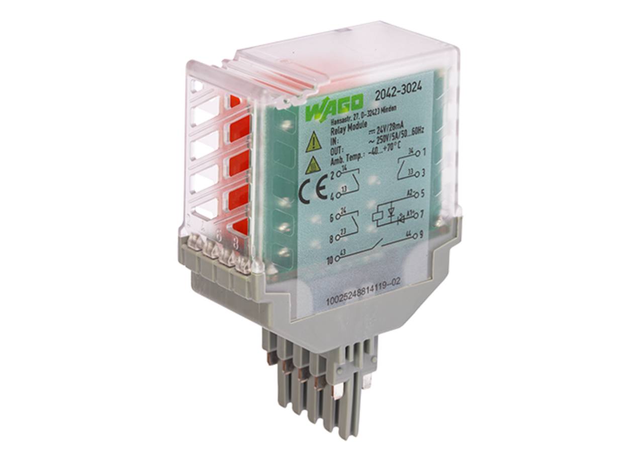 Ein WAGO-Relaismodul 2042-3024 mit beschrifteten Anschlüssen und Spezifikationen wie „24V DC