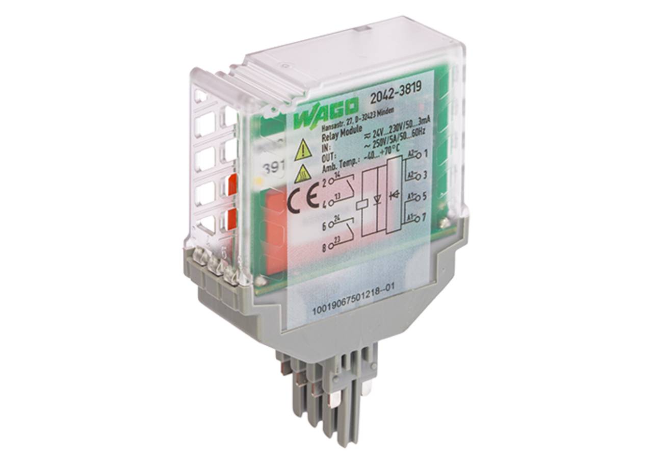 WAGO 2042-3819 Relaismodul; Teil eines Elektroschaltungssystems mit Anschlüssen und Spezifikationen auf dem Etikett.