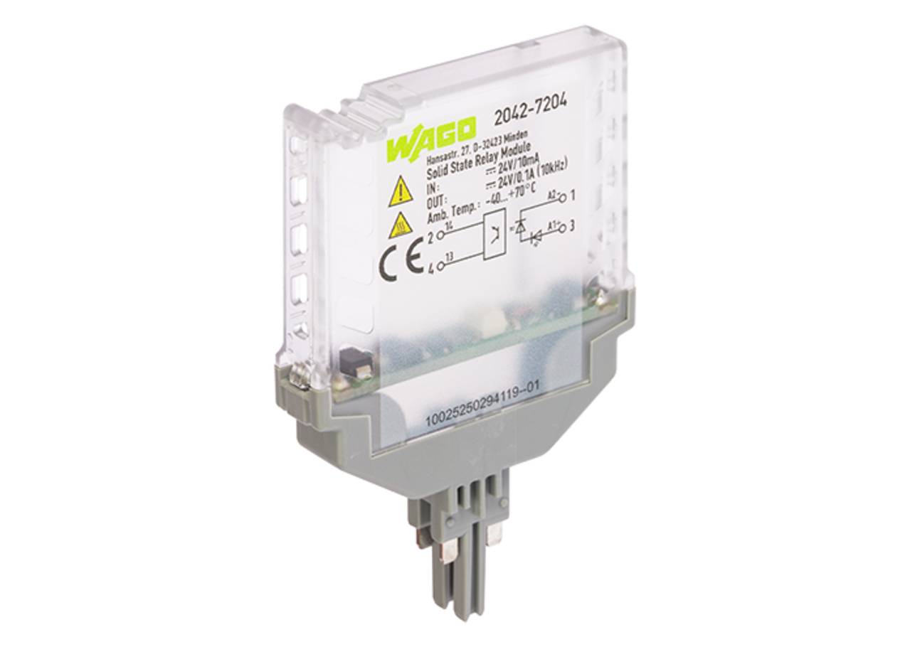 Ein transparentes, rechteckiges elektronisches Relaismodul mit grauer Basis und verschiedenen Beschriftungen, einschließlich der Marke 'WAGO' und technischen Spezifikationen.