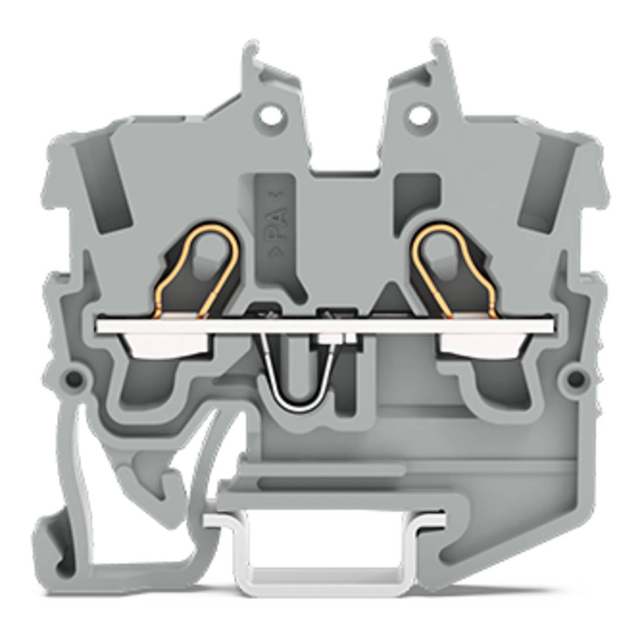 Querschnitt eines grauen Elektroterminals mit interner Verdrahtung und Metallkomponenten für Verdrahtungsanwendungen.