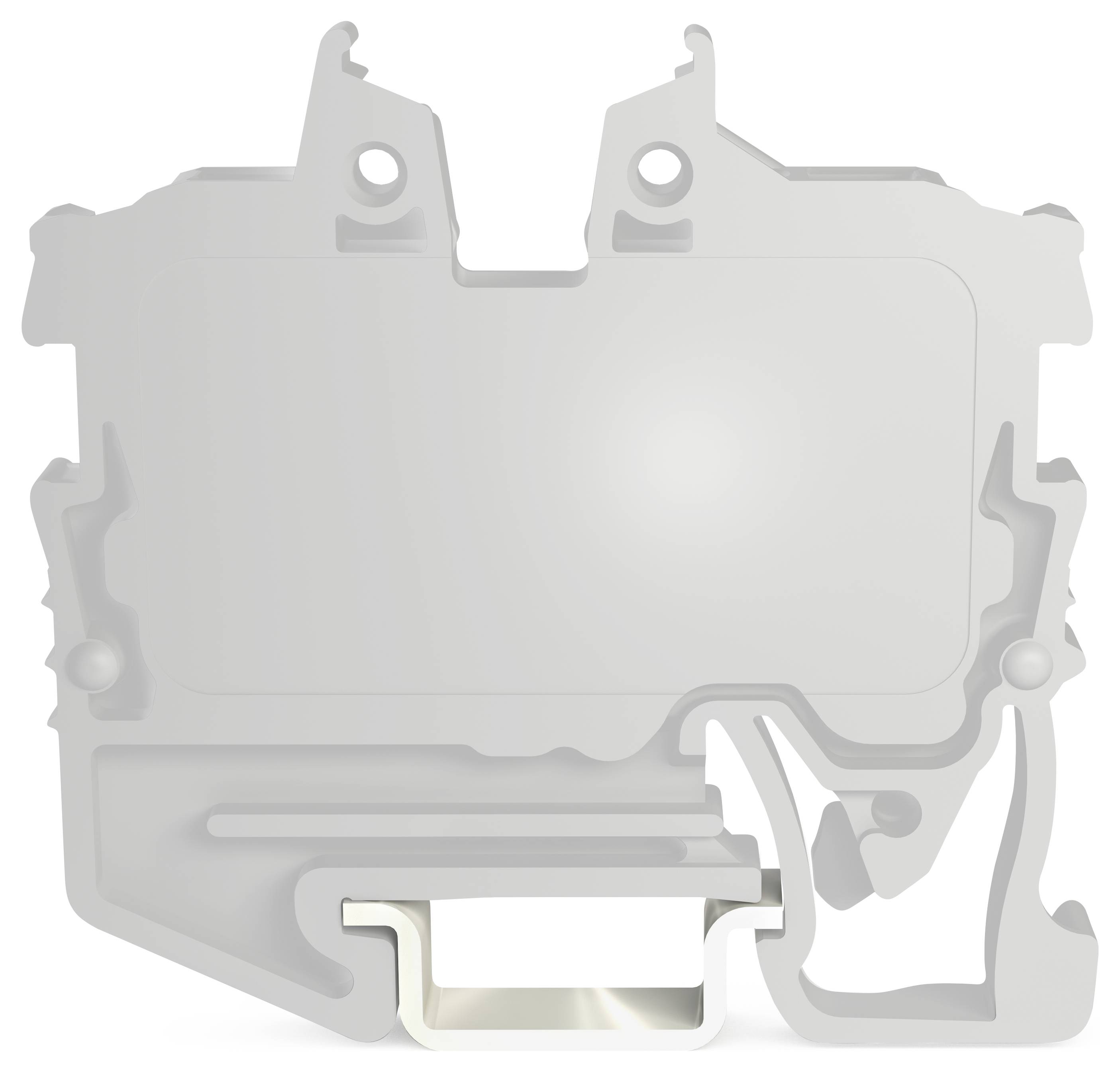 Seitenansicht eines bearbeiteten Teils mit Kerben und einer vorstehenden Lasche, in Graustufen vor weißem Hintergrund dargestellt, das seine Komplexität und Gestaltung veranschaulicht.