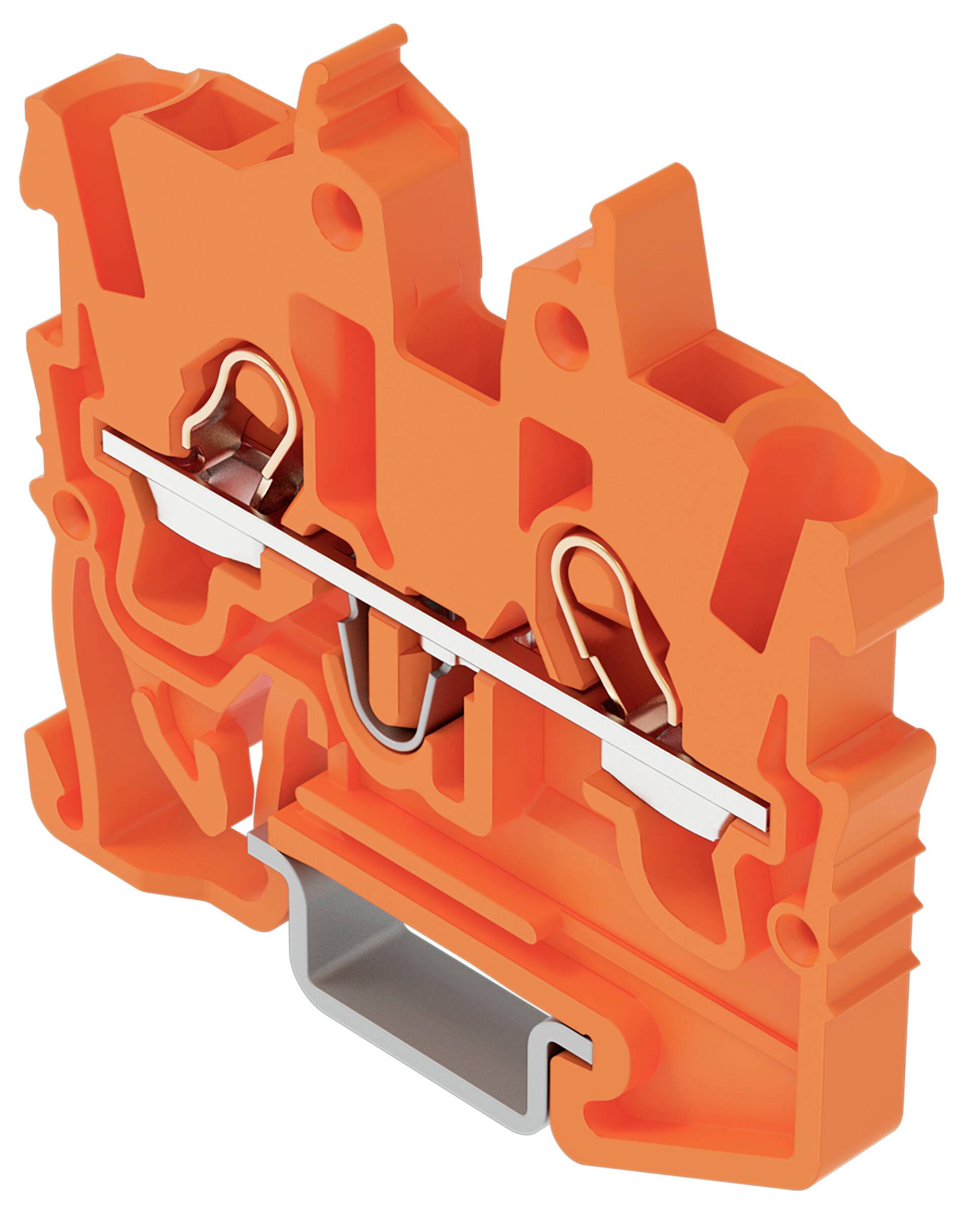 Oranges Anschlussklemmenblock mit zwei internen Metallverbindern, entwickelt für elektrische Verkabelung.