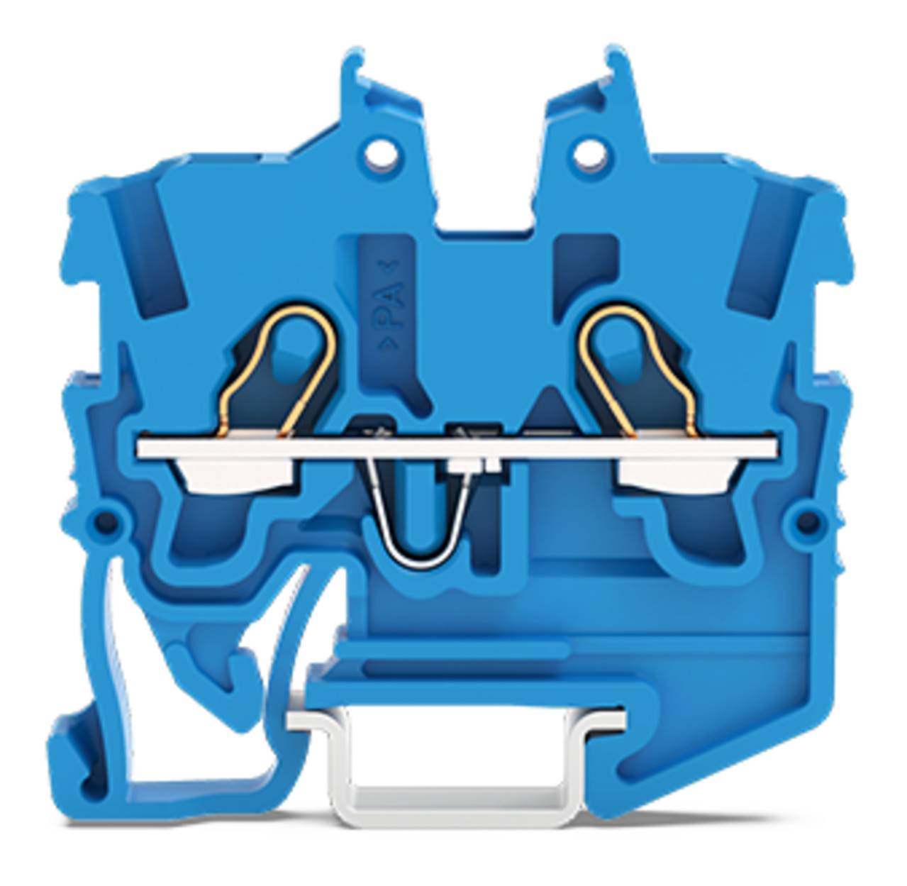 Ein blauer Elektroanschlussblock mit Metallkonnektoren, der zum sicheren Verbinden von Drähten in elektrischen Systemen verwendet wird.