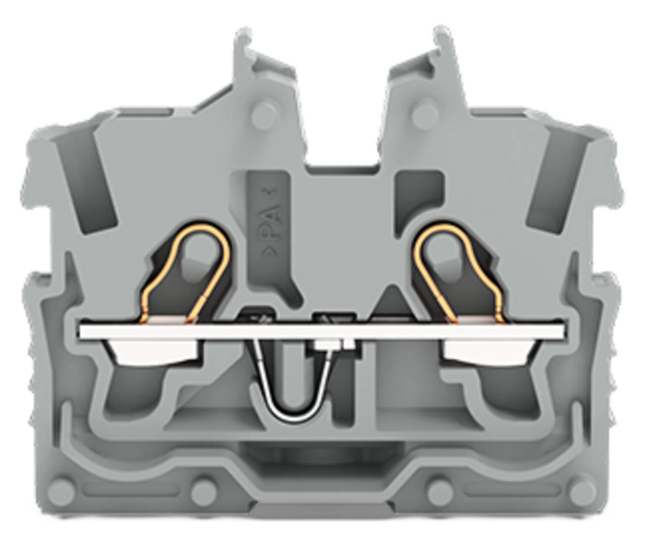 Ein graues Elektroklemmleistenblock mit Kupferverbindungen und einem zentralen Schlitz zur Drahteinfügung, das zum Sichern von elektrischen Drähten verwendet wird.