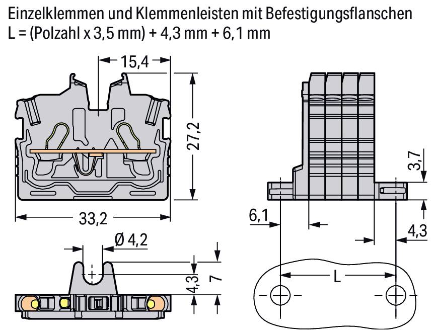 Einzelklemmen und Klemmenleisten mit Befestigungsflanschen – Diagramm mit Abmessungen in Millimetern für verschiedene Komponenten.