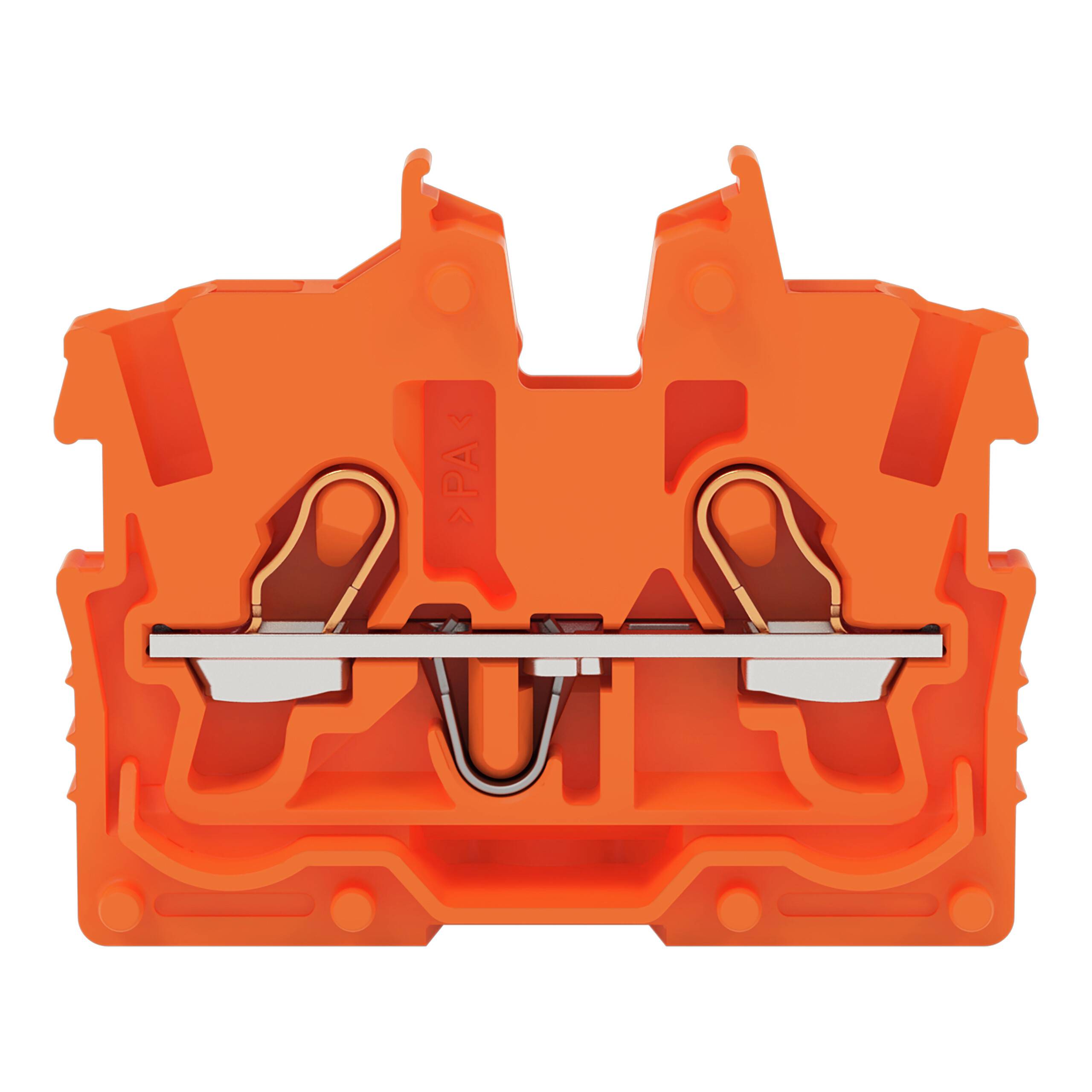 Ein orangefarbenes Stück Industrieausrüstung mit zwei Metallkontaktpunkten, entworfen für elektrische oder mechanische Verbindungen.