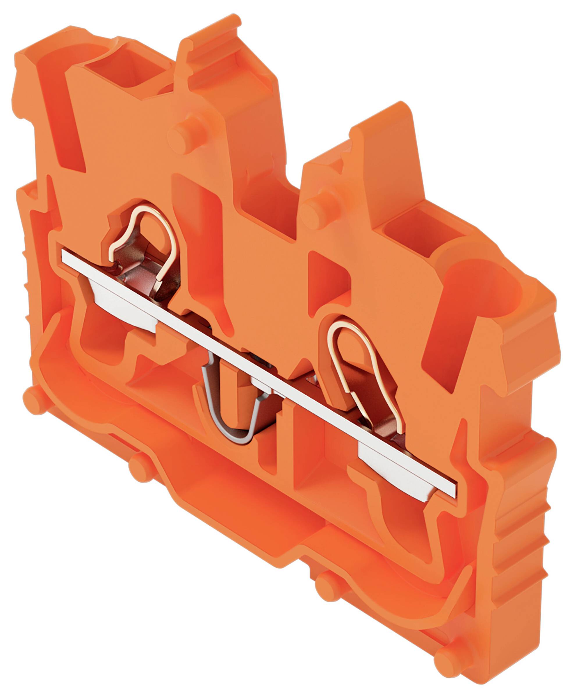 Eine orangefarbene Komponente mit Metallverbindern, vermutlich ein Abschnitt einer Klemmenleiste, die ihre innere Struktur und ihr Design hervorhebt.