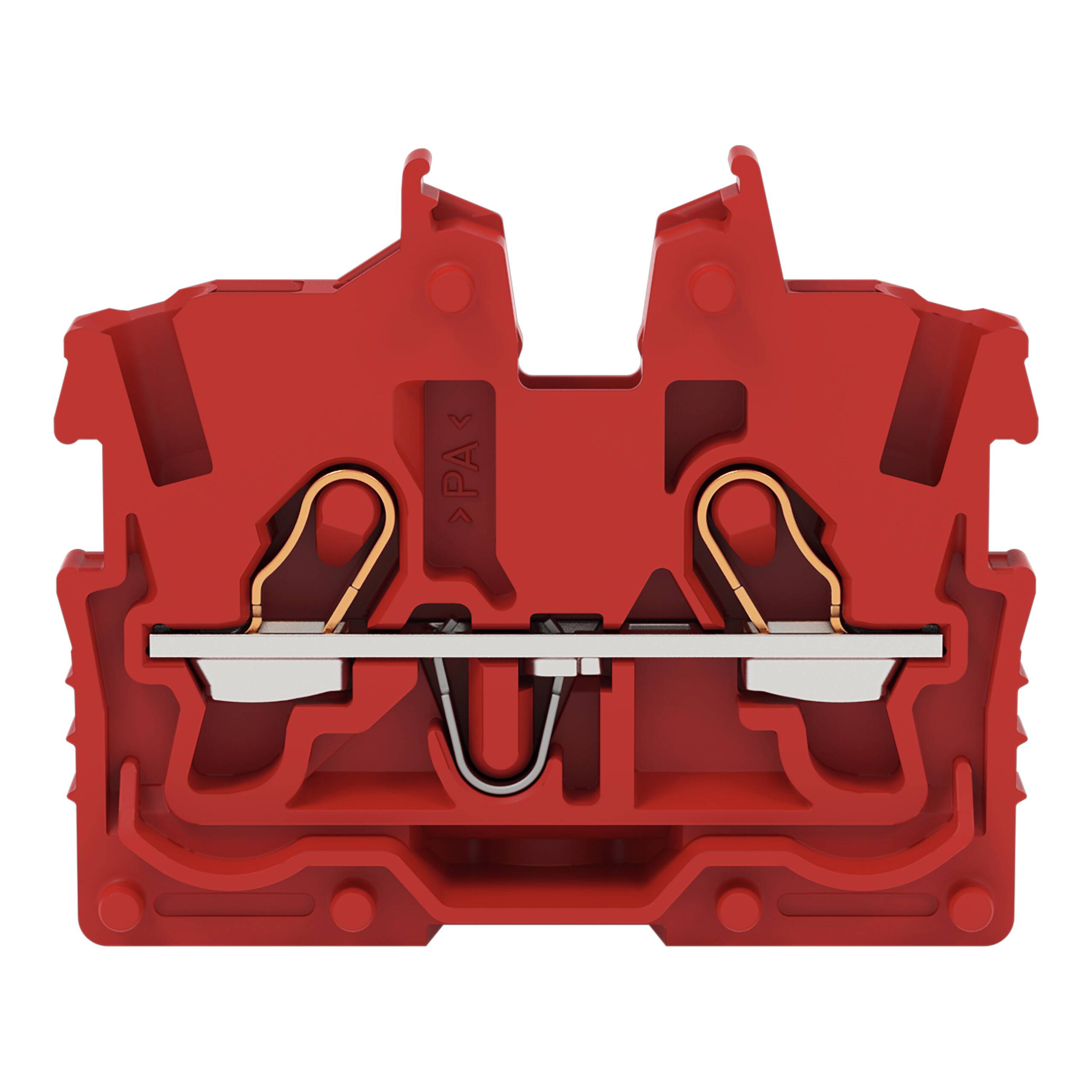 Ein roter Elektroklemmenblock mit Metallleitern und einer Verbindungsbrücke, der zum sicheren Verbinden von elektrischen Leitungen verwendet wird.