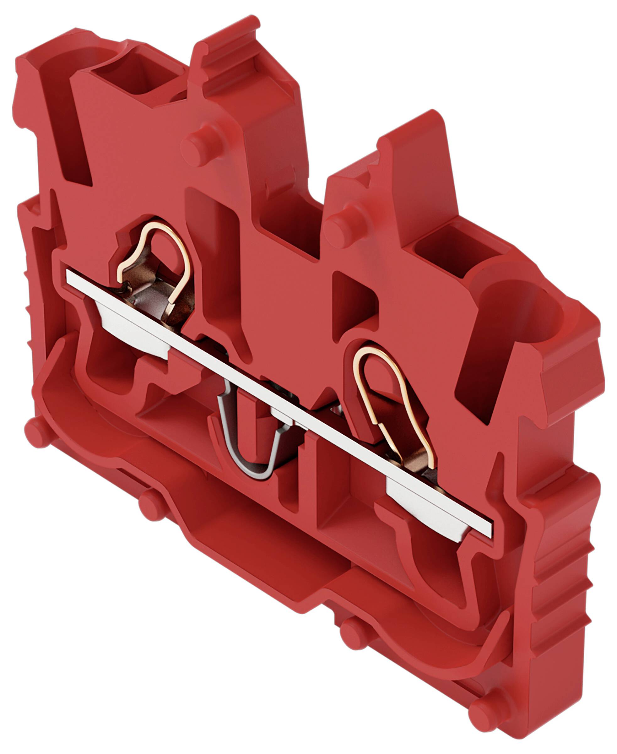 Ein rotes Anschlussklemmenblock mit Clipmechanismus, das zur Verbindung und Sicherung von Drähten in elektrischen Systemen verwendet wird.
