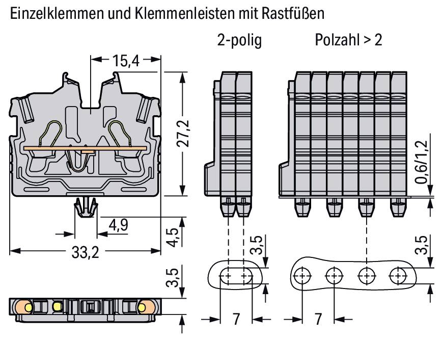 Diagramm einzelner Anschlüsse und Anschlussleisten mit Verriegelungsfüßen. Zeigt Abmessungen und Unterschiede zwischen 2-polig und mehrpolig.
