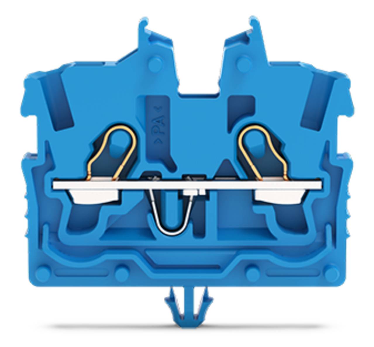 Ein blauer Elektroklemmblock mit zwei Schraubanschlüssen und einer Verbindungsbrücke, verwendet für die Verkabelung und elektrische Verteilung.