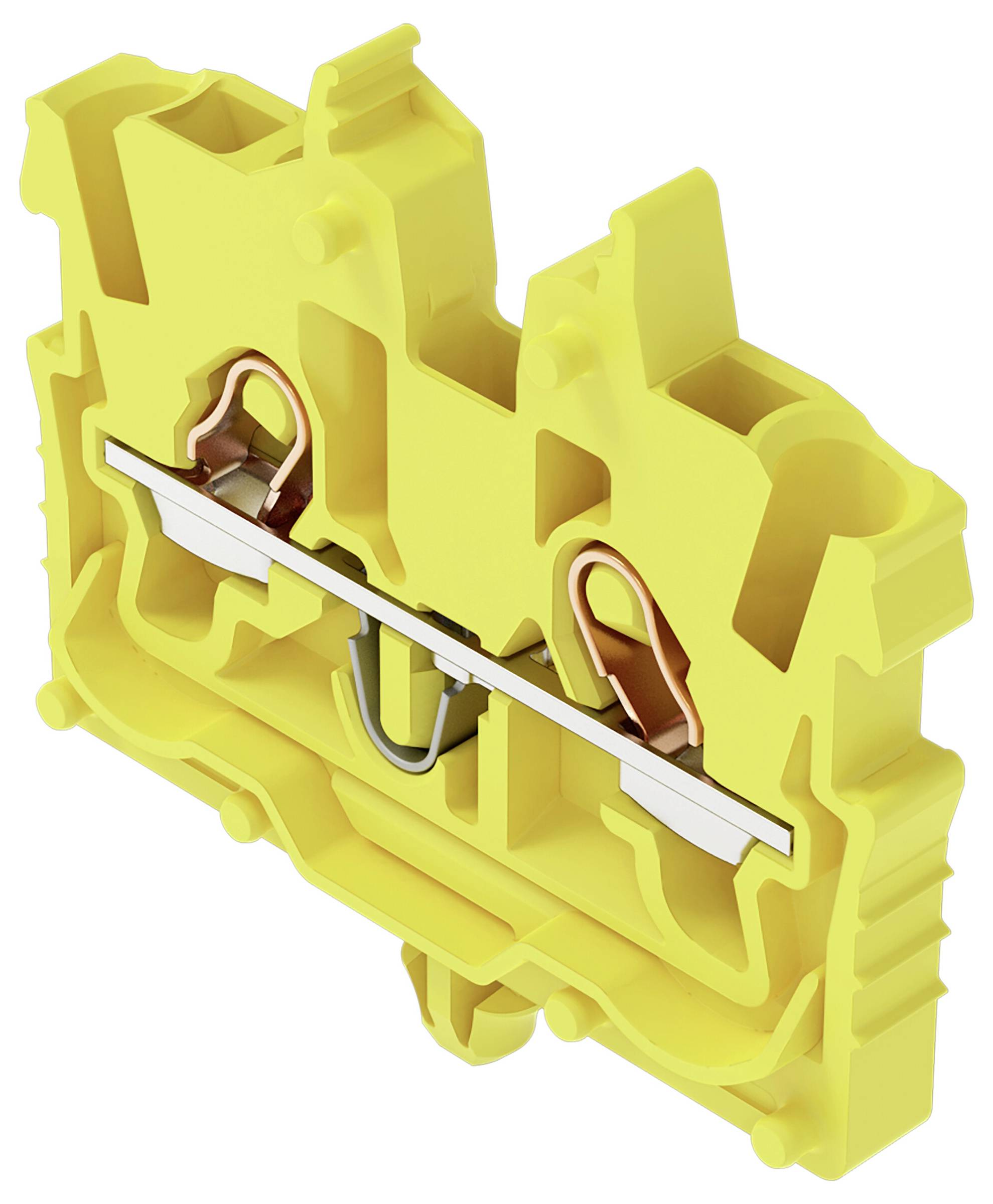 Ein rotes elektrisches Anschlussblock mit zwei Metallklammern und einem Schienenbefestigungsmechanismus, das zum Verbinden von Stromkreisen verwendet wird.