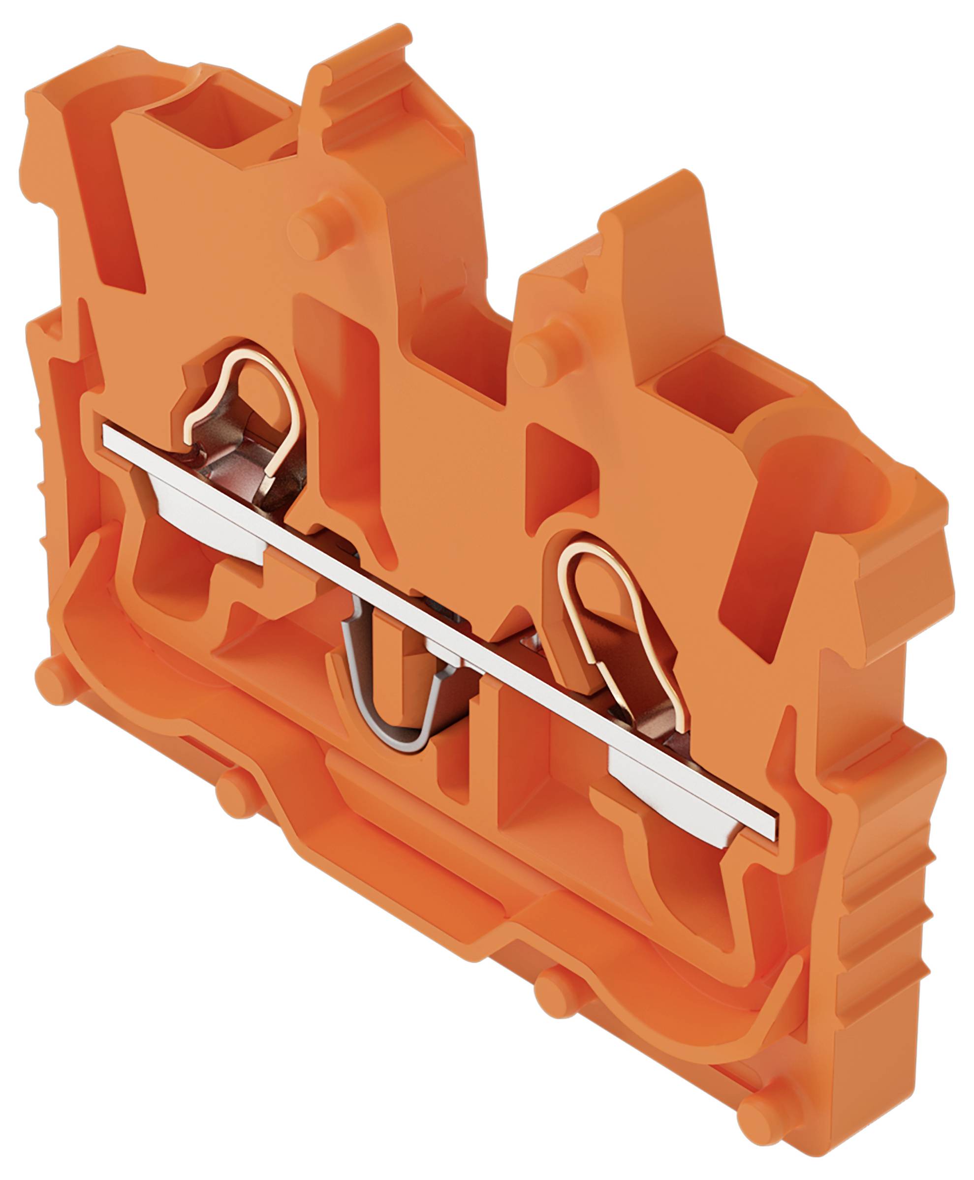 Ein orangefarbener Elektroklemmenblock mit einem Hebelmechanismus für sichere Drahtverbindungen, wobei interne Metallkomponenten sichtbar sind.
