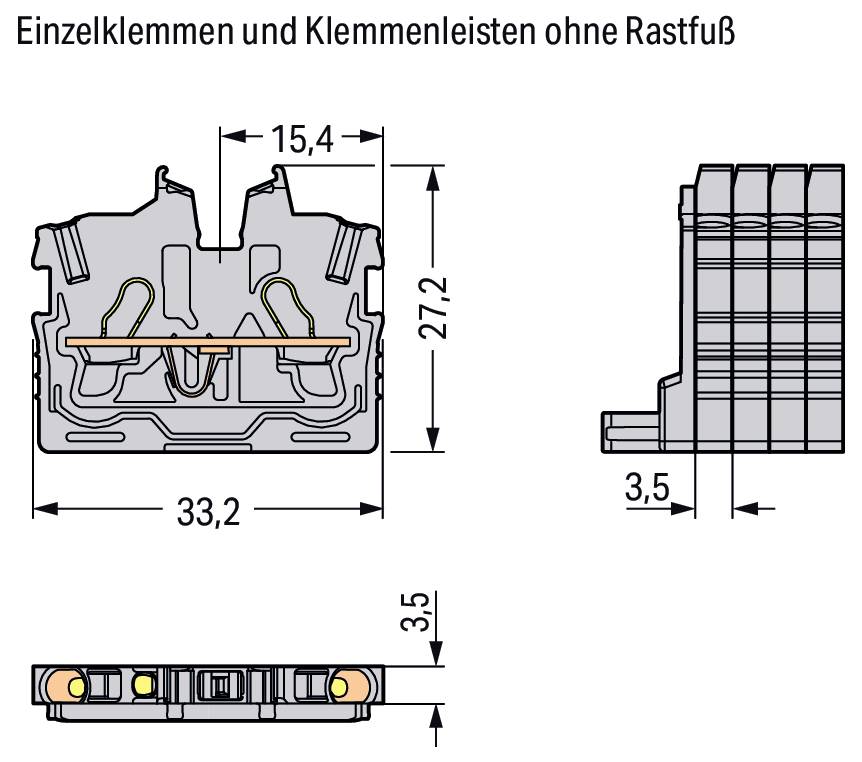 'Einzelklemmen und Klemmenleisten ohne Rastfuß', technisches Diagramm mit Abmessungen: 15,4, 27,2, 33,2 und 3,5 mm auf elektrischen Komponenten dargestellt.