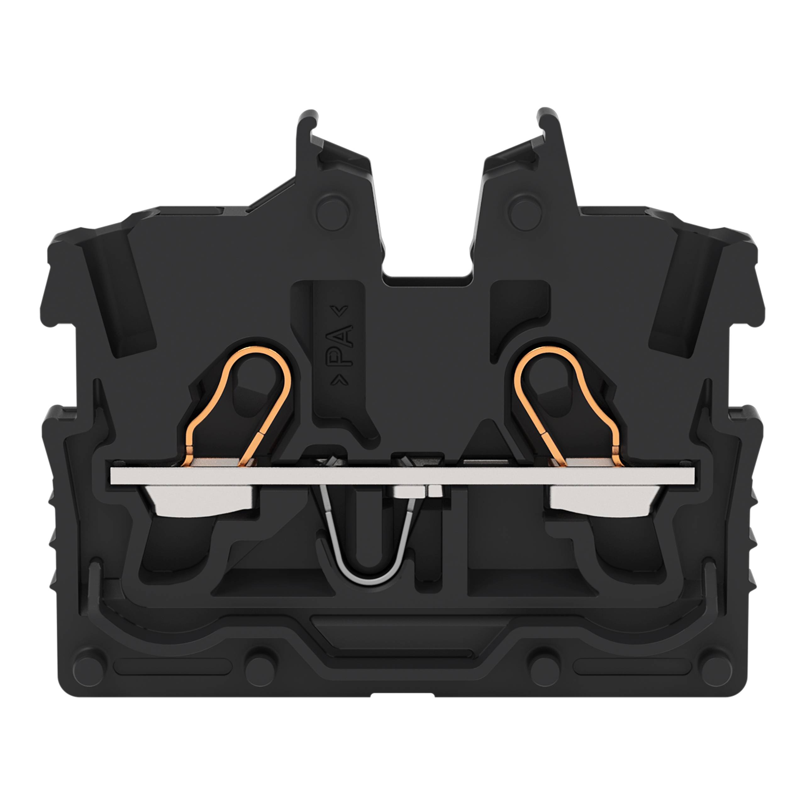 Eine schwarze mechanische Komponente mit zwei Kupferkonnektoren und einem zentralen Metallclip, wahrscheinlich für elektrische Verbindungen oder Schaltkreismontage verwendet.