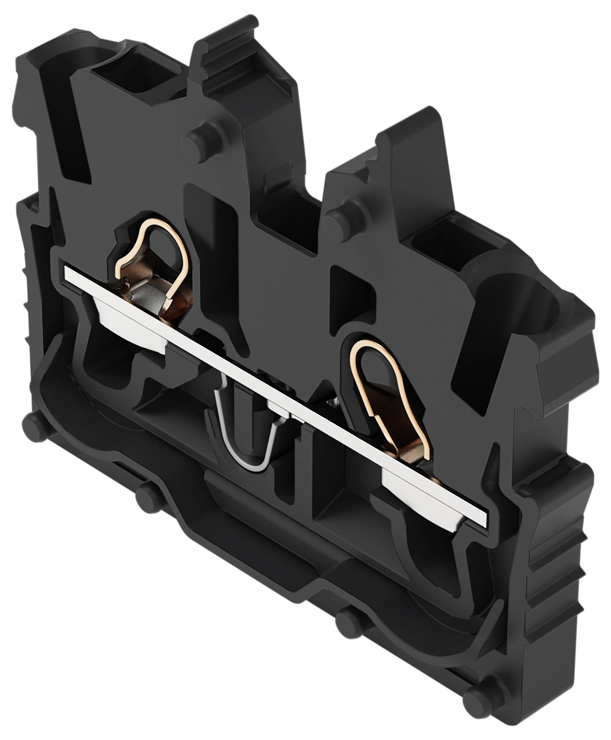 Ein schwarzer Elektroklemmenblock mit sichtbaren internen Kupferkonnektoren, der für Drahtverbindungen in elektrischen Anlagen verwendet wird.
