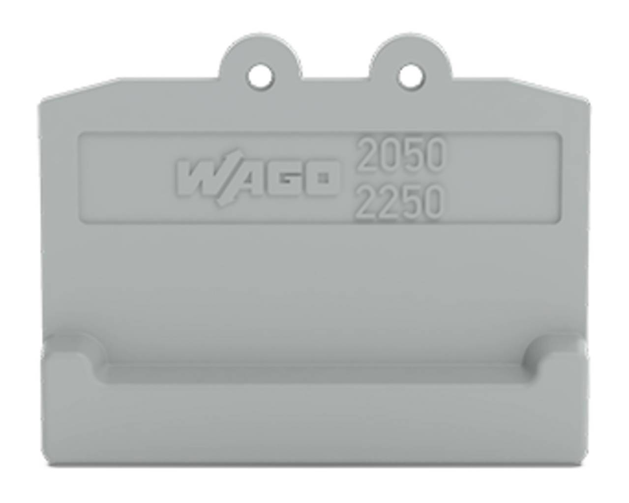 Eine grau Kunststoffkomponente gekennzeichnet mit 'WAGO 2050 2250', mit zwei Befestigungslöchern und einem offenen Schlitz an der Unterseite.