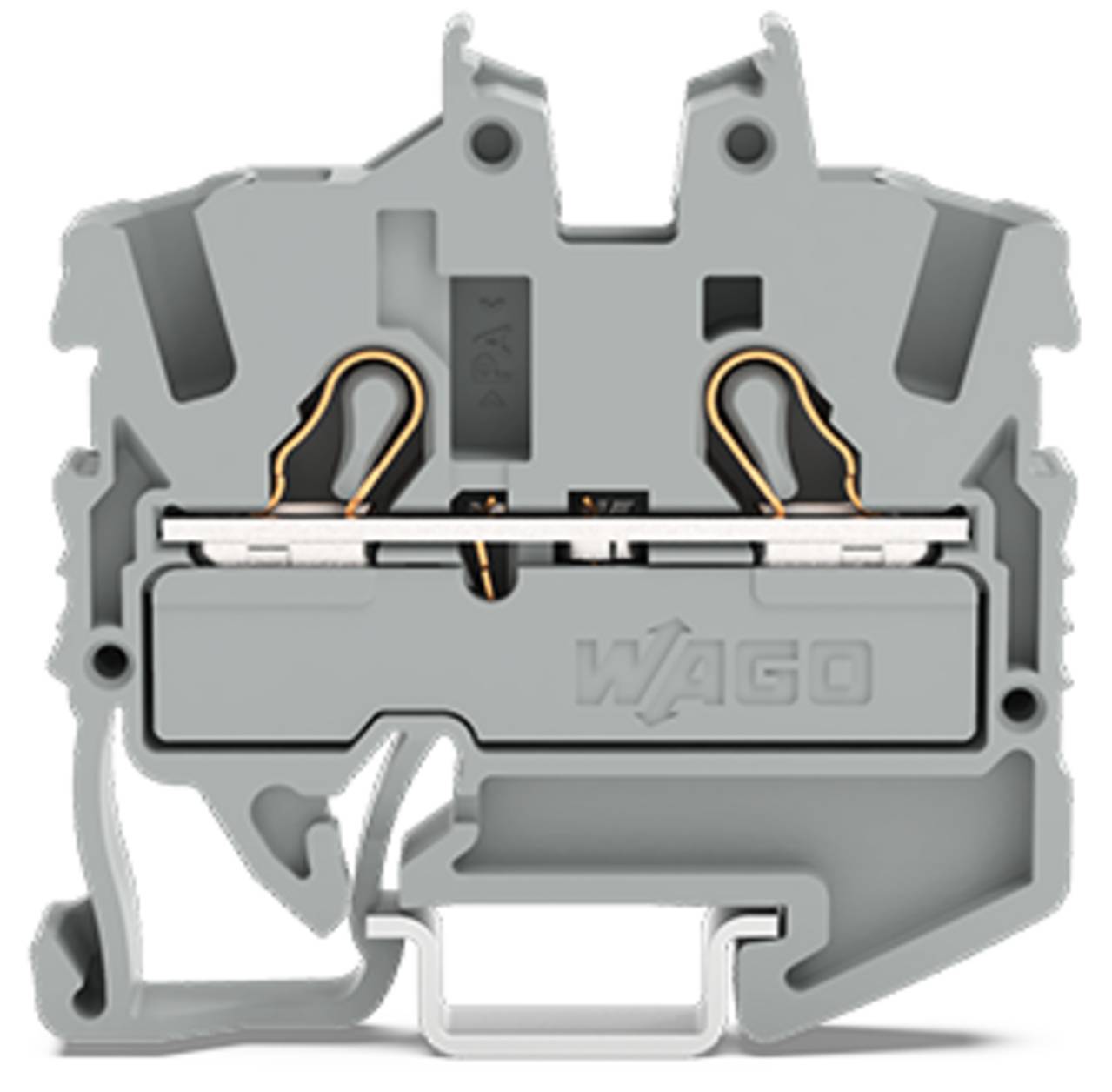 Ein Klemmblock mit zwei Anschlussöffnungen und einem Hebelmechanismus zum Sichern von Drähten, mit dem WAGO-Logo auf der Seite.