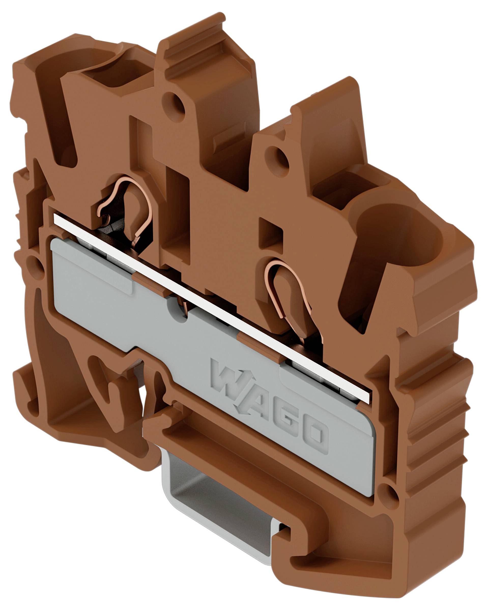 Eine Illustration eines braunen WAGO-Elektroklemmenblocks mit einem sichtbaren metallischen Leitungsweg, der sein Design und seine Komponenten zeigt.